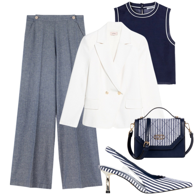 Outfit donna - Blu e bianco. Stile Chic per Ufficio. Abbinamento con borse a mano, décolleté, blazer, top, pantaloni.