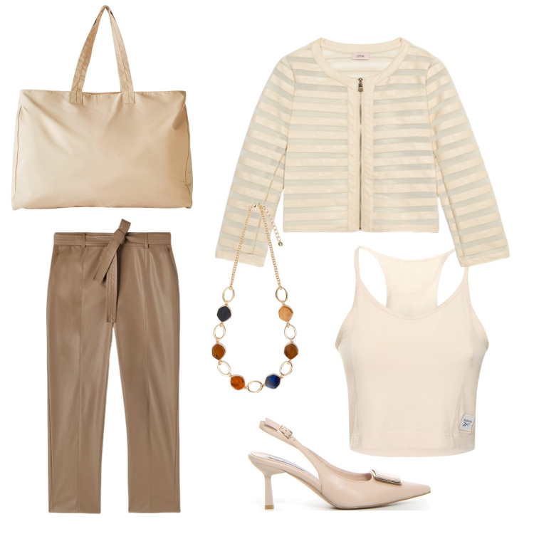 Outfit donna - Eleganti , ma comodi anche in ufficio. Stile Casual per Ufficio. Abbinamento con shopping bag, collane, pantaloni, top, blazer, décolleté.