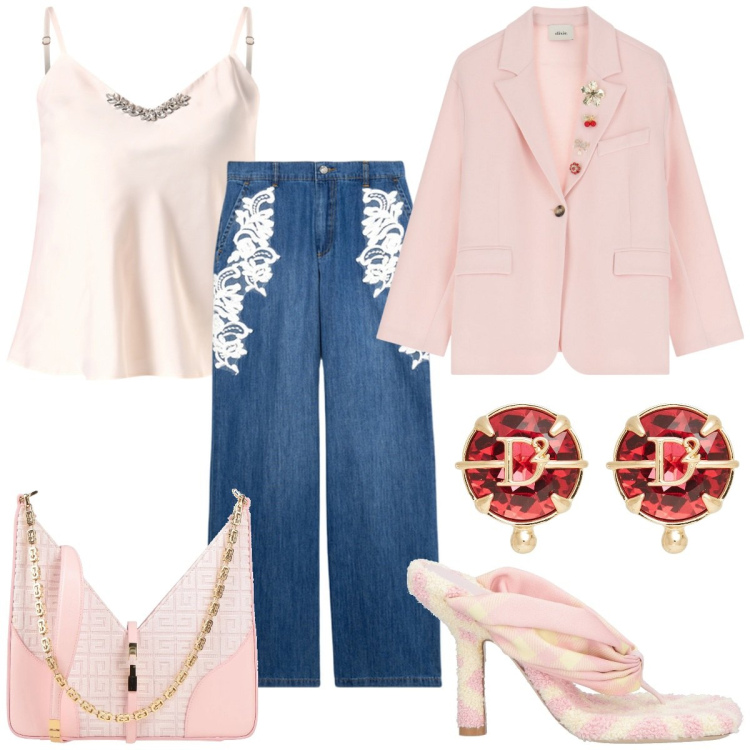 Outfit donna - Soft Candy. Stile Glamour per Tutti i giorni. Abbinamento con ciabatte, borse a spalla, orecchini, blazer, canottiere, jeans.