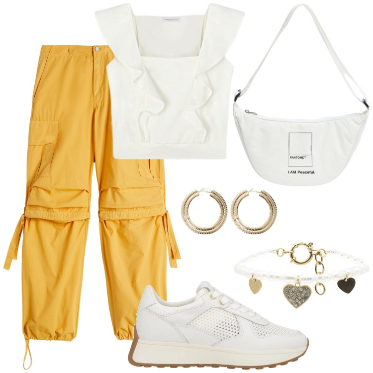 Outfit donna - Soft sport. Stile Sporty chic per Tutti i giorni. Abbinamento con sneakers, marsupi, pantaloni cargo, braccialetti, orecchini, top.
