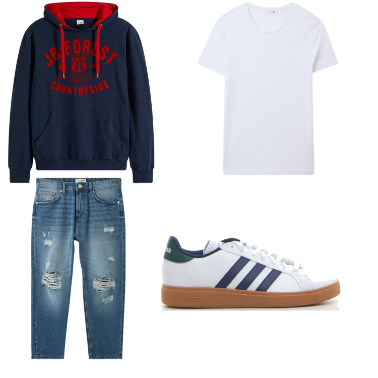 Outfit uomo - Anni 2000. Stile Urban per Tutti i giorni. Abbinamento con felpe con cappuccio, t-shirt, jeans strappati, sneakers.
