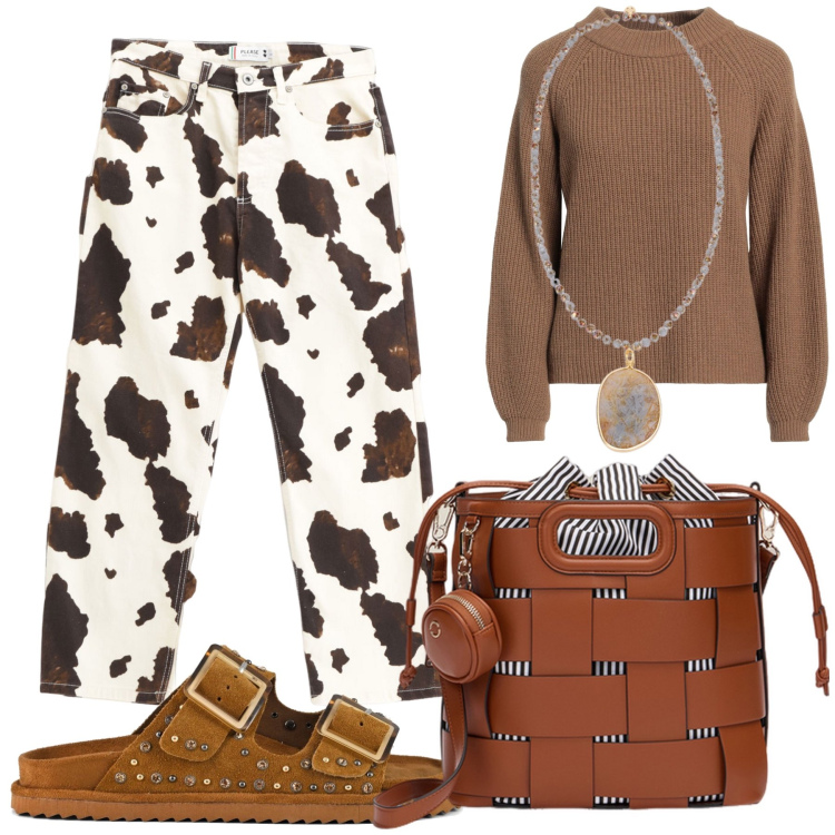 Outfit donna - I jeans cow print. Stile Trendy per Tutti i giorni. Abbinamento con pullovers, pantaloni, sandali, ciondoli, borse a secchiello.
