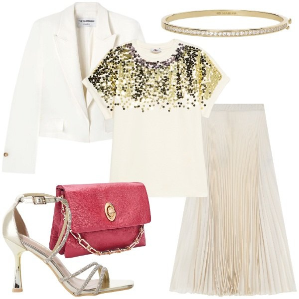 Outfit donna - Una t-shirt chic. Stile Glamour per Serata fuori. Abbinamento con braccialetti, gonne lunghe, sandali col tacco, borse a tracolla, t-shirt, blazer.