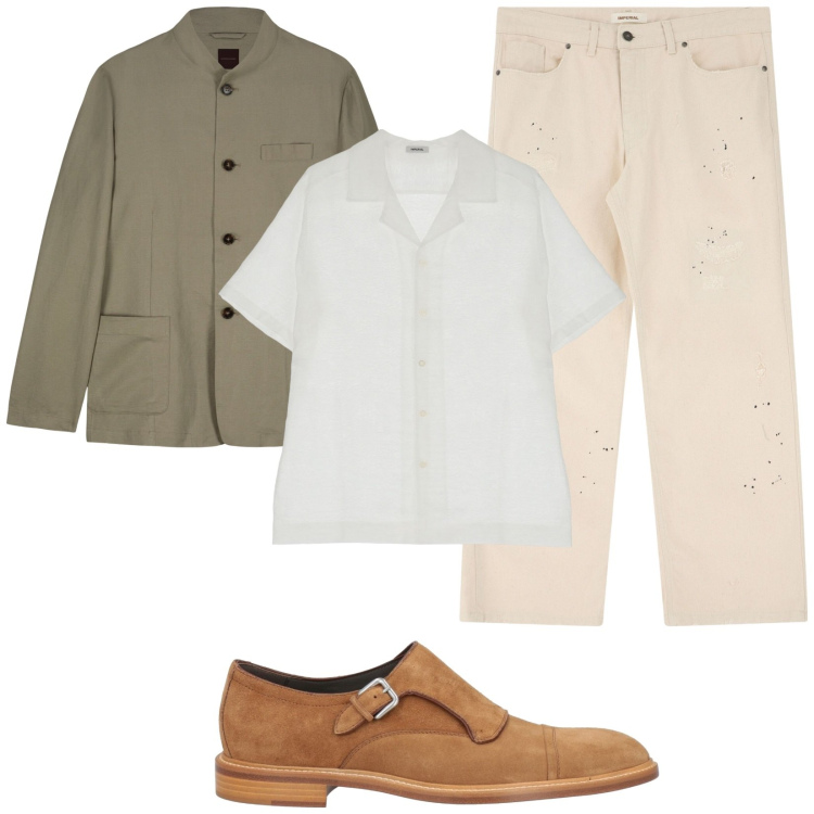 Outfit uomo - Sporty chic. Stile Trendy per Tutti i giorni. Abbinamento con scarpe stringate, pantaloni, camicie a manica corta, giacche.