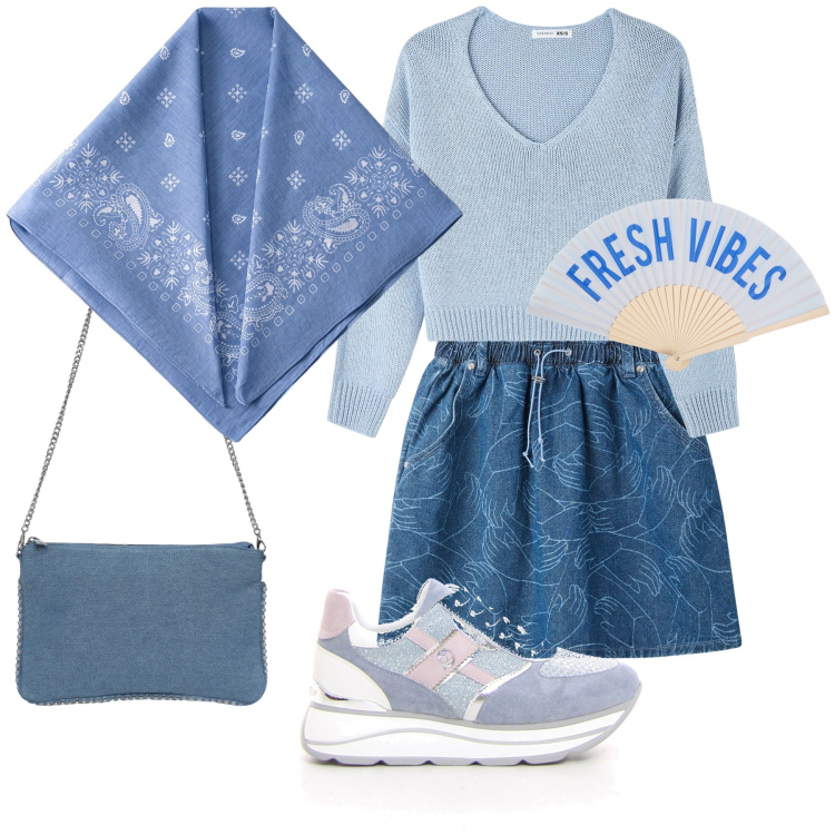 Outfit donna - Total look. Stile Preppy per Tutti i giorni. Abbinamento con borse a tracolla, minigonne, maglieria, accessori per capelli, sneakers, foulard.