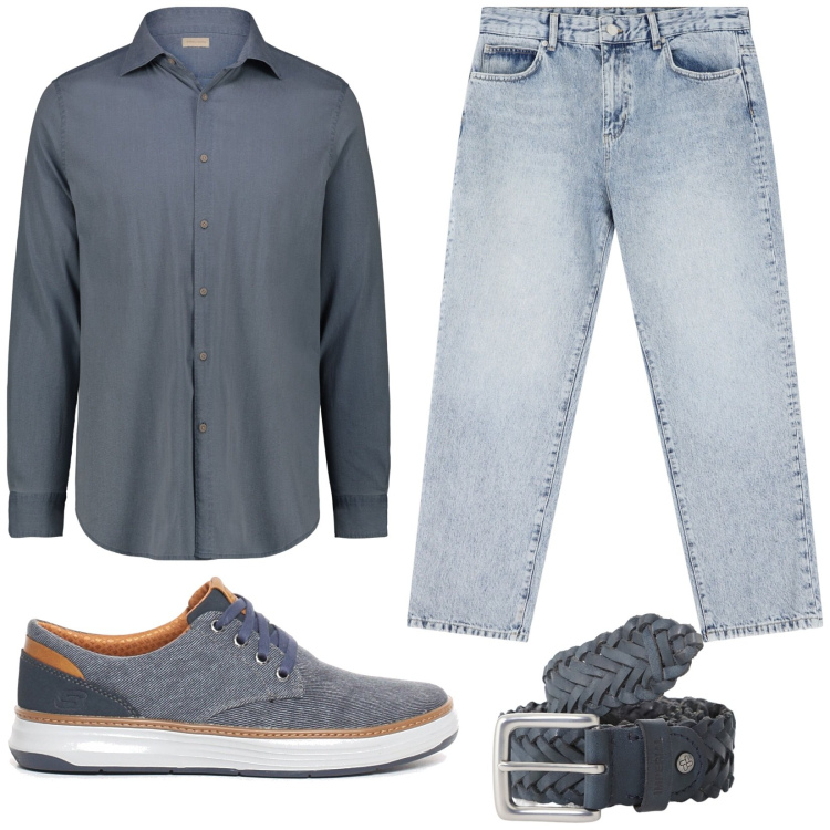 Outfit uomo - Camicia e jeans. Stile Casual per Tutti i giorni. Abbinamento con jeans dritti, cinture, camicie, sneakers.