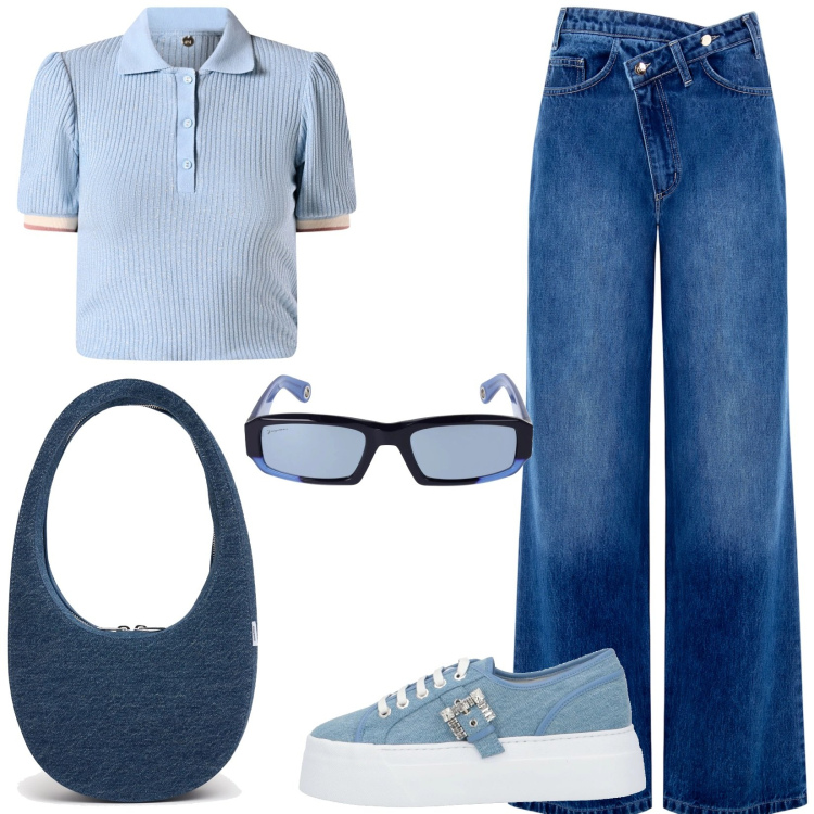 Outfit donna - Azzurro e jeans. Stile Casual per Tutti i giorni. Abbinamento con sneakers, polo, jeans, occhiali da sole, borse a spalla.
