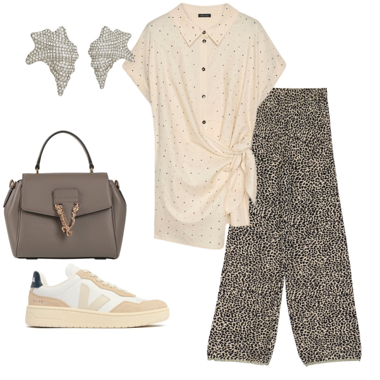 Outfit donna - Total look #2168323. Stile Casual chic per Tutti i giorni. Abbinamento con orecchini, borse a mano, pantaloni, camicie a manica corta, sneakers.