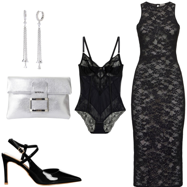 Outfit donna - Elegante per la serata. Stile Glamour per Serata fuori. Abbinamento con body, pochette, orecchini, décolleté, vestiti midi/longuette.