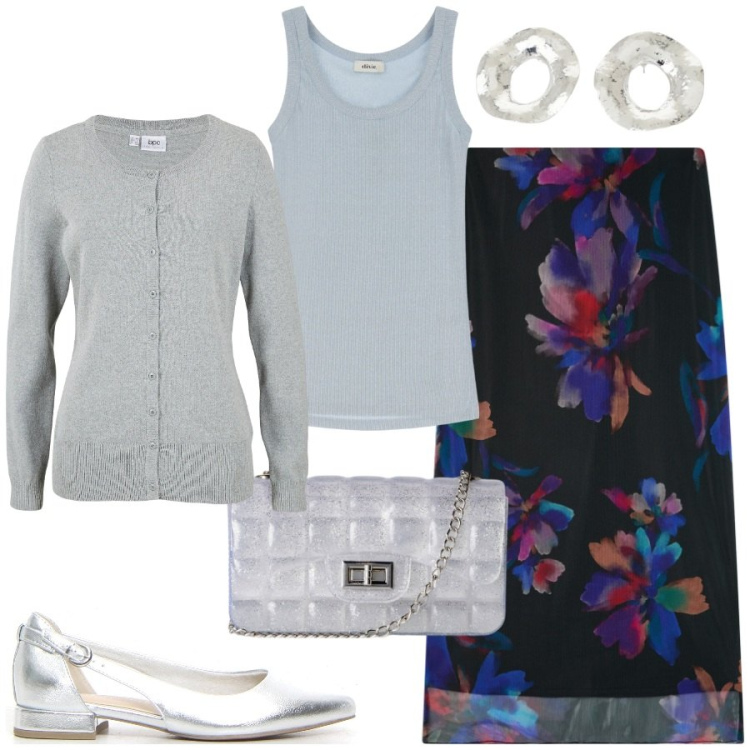 Outfit donna - Gonna a grandi fiori. Stile Romantica per Tutti i giorni. Abbinamento con cardigans, gonne lunghe, borse a tracolla, canottiere, orecchini, ballerine.