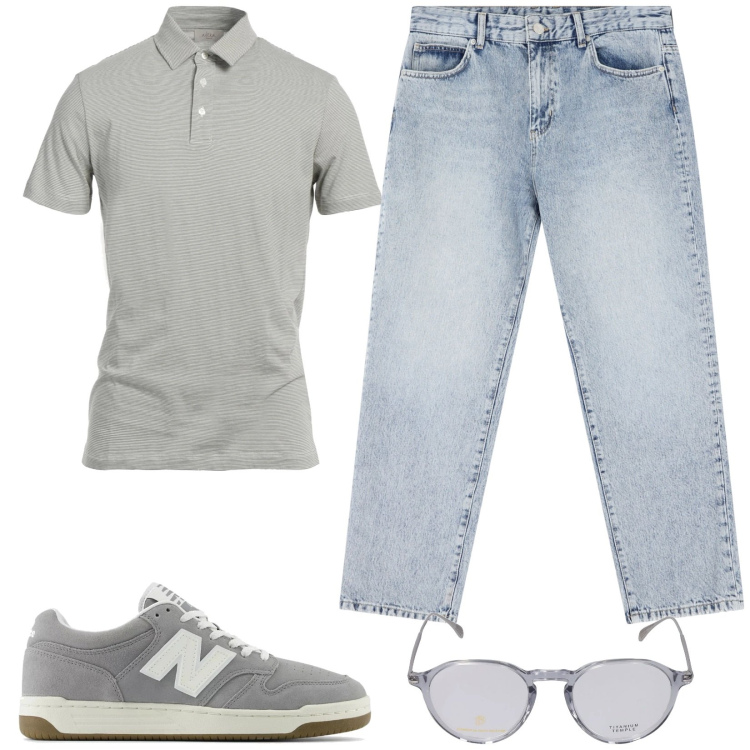 Outfit uomo - Polo. Stile Casual per Tutti i giorni. Abbinamento con polo, sneakers, jeans dritti, occhiali da sole.