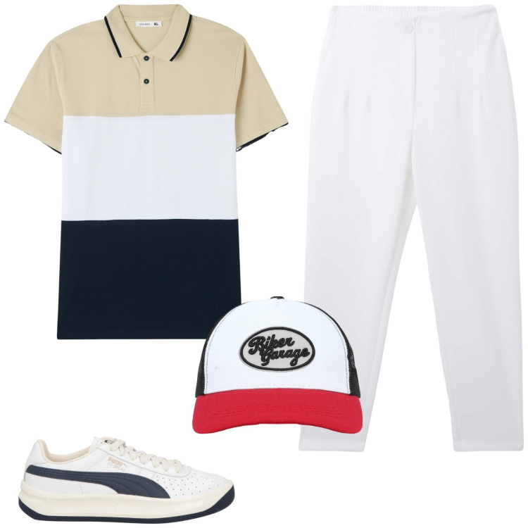 Outfit uomo - Polo a maxi righe. Stile Casual per Tutti i giorni. Abbinamento con sneakers, polo, pantaloni chino, cappelli con visiera.