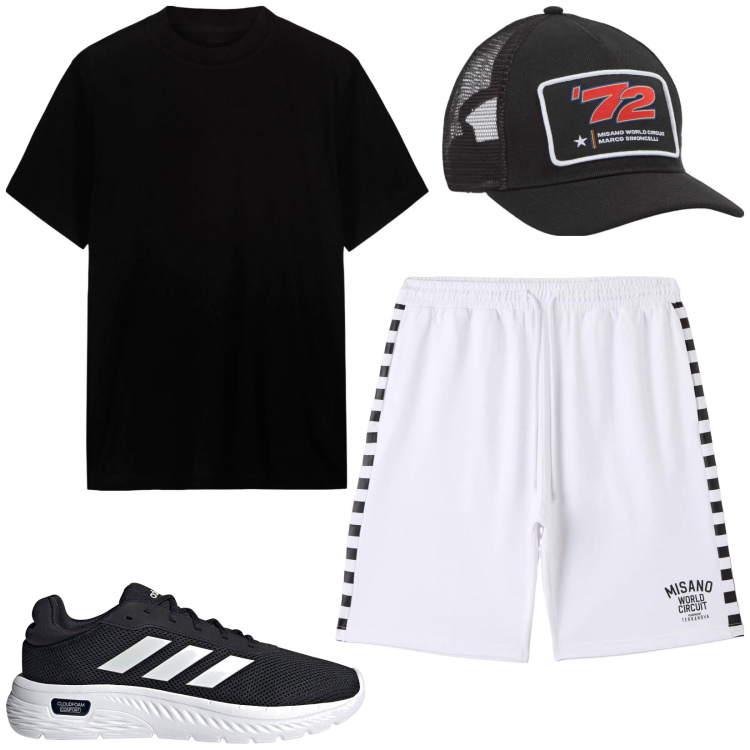 Outfit uomo - A Misano. Stile Casual per Sport. Abbinamento con bermuda, cappelli, t-shirt, sneakers.