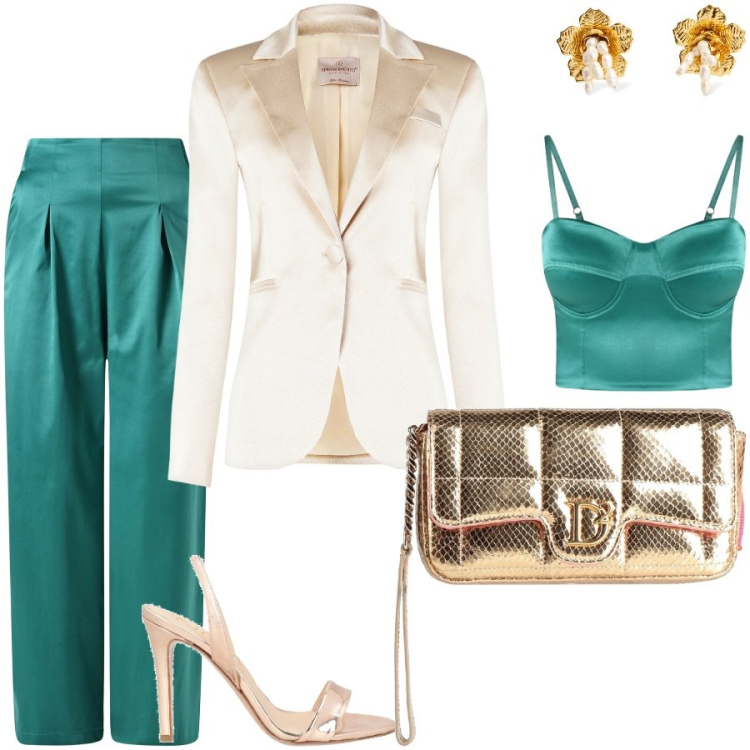 Outfit donna - Verde smeraldo. Stile Chic per Cerimonia. Abbinamento con borse a mano, sandali in pelle, pantaloni, canottiere, blazer, orecchini.