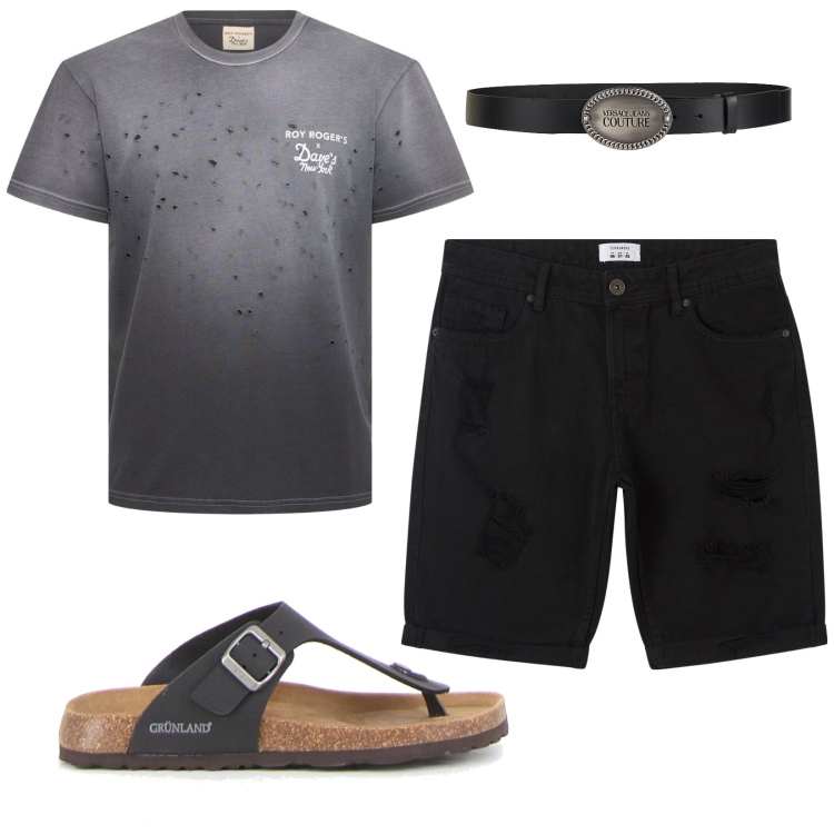Outfit uomo - Total look da giorno. Stile Casual per Tutti i giorni. Abbinamento con cinture, bermuda, t-shirt, sandali.