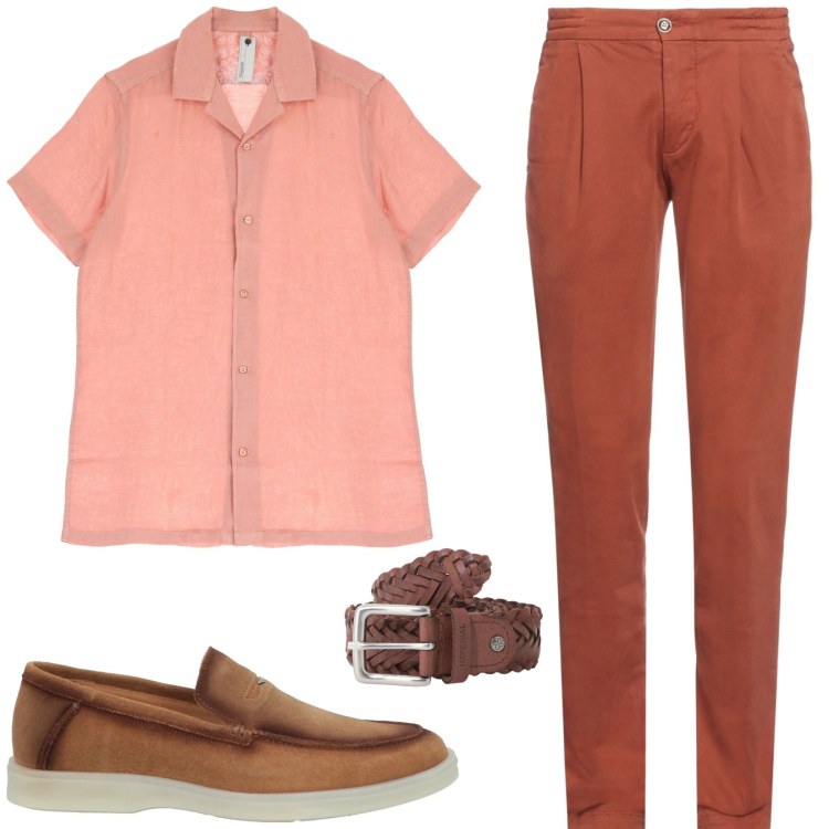 Outfit uomo - Accostamenti di colore. Stile Trendy per Tutti i giorni. Abbinamento con pantaloni, scarpe stringate, camicie a manica corta, cinture.