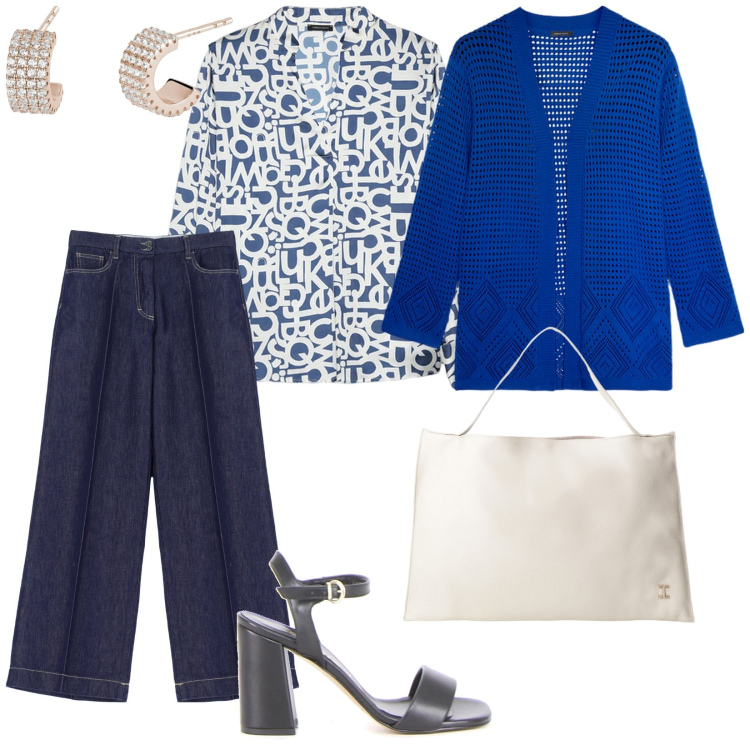 Outfit donna - Per tutti i giorni. per Tutti i giorni. Abbinamento con orecchini, jeans, borse a spalla, bluse, cardigans, sandali col tacco.