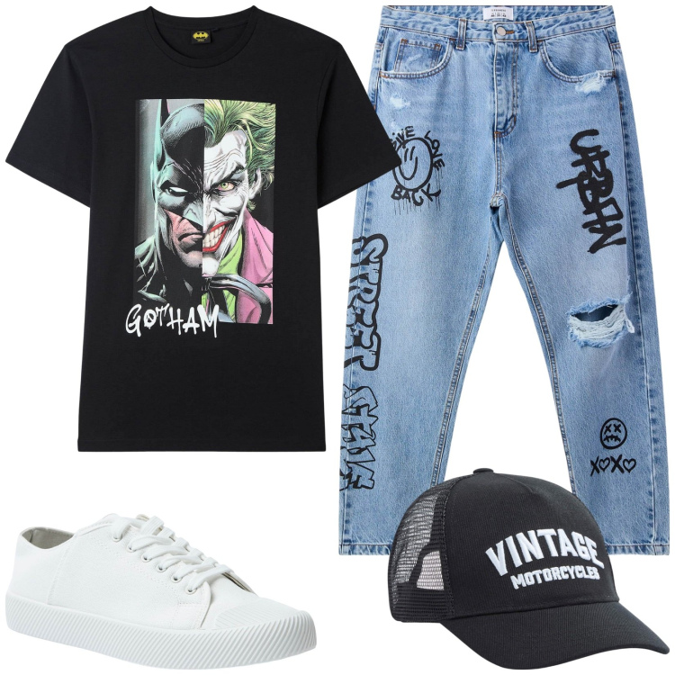 Outfit uomo - Urban style. Stile Urban per Tutti i giorni. Abbinamento con jeans strappati, sneakers, t-shirt, cappelli.