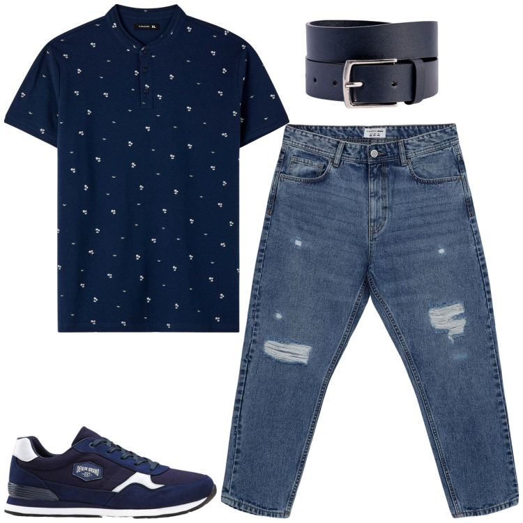 Outfit uomo - Total blu. Stile Casual per Tutti i giorni. Abbinamento con sneakers, t-shirt, jeans strappati, cinture.