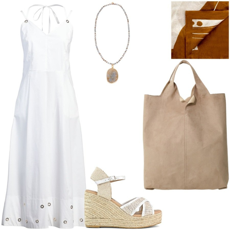 Outfit donna - Summer. Stile Casual chic per Tutti i giorni. Abbinamento con vestiti midi/longuette, sciarpe, shopping bag, zeppe, ciondoli.