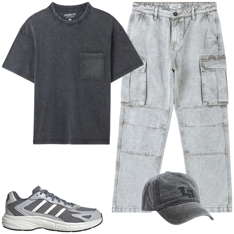 Outfit uomo - Grigio e dintorni. Stile Urban per Tutti i giorni. Abbinamento con jeans, cappelli, t-shirt, sneakers.
