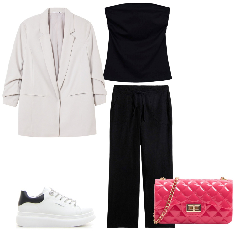 Outfit donna - outfit casual. Stile Casual chic per Serata fuori. Abbinamento con pantaloni a palazzo, borse a tracolla, blazer, top, sneakers.