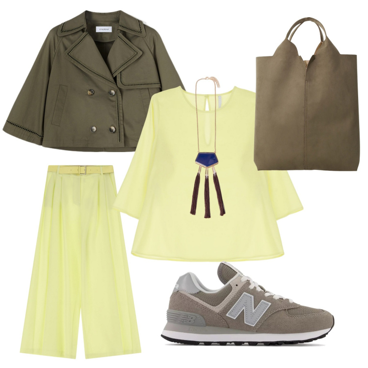 Outfit donna - Total look #2168374. Stile Casual per Tutti i giorni. Abbinamento con sneakers, bluse, pantaloni a palazzo, shopping bag, ciondoli, trench.