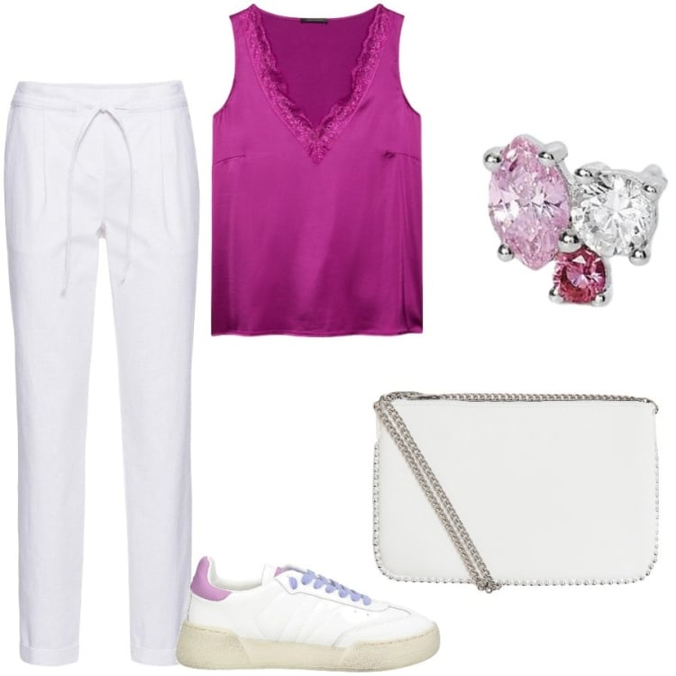 Outfit donna - Il top fucsia. Stile Casual chic per Tutti i giorni. Abbinamento con pantaloni, sneakers, borse a tracolla, orecchini, top.