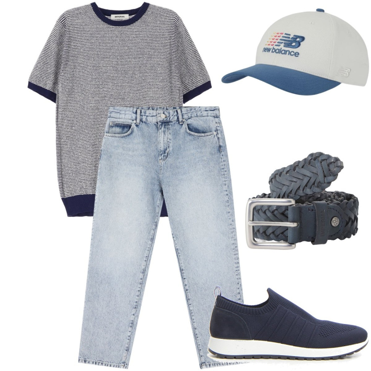Outfit uomo - Bordi blu. Stile Urban per Tutti i giorni. Abbinamento con cappelli, jeans dritti, cinture, maglieria, sneakers.