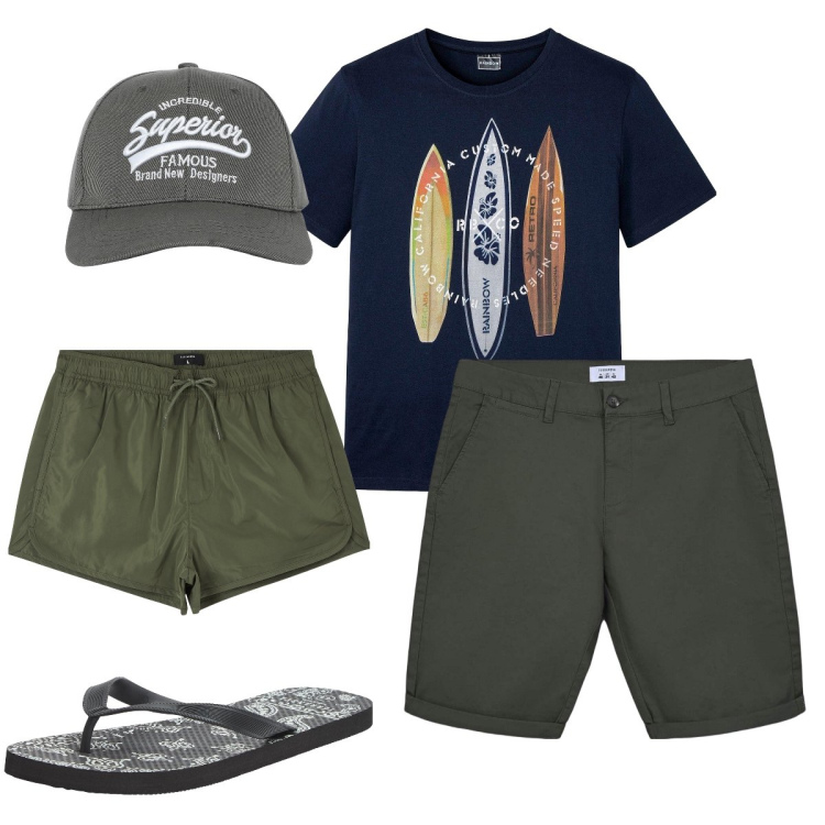 Outfit uomo - Con la tavola da surf. Stile Trendy per Mare. Abbinamento con t-shirt, costumi, sandali, cappelli con visiera, bermuda.