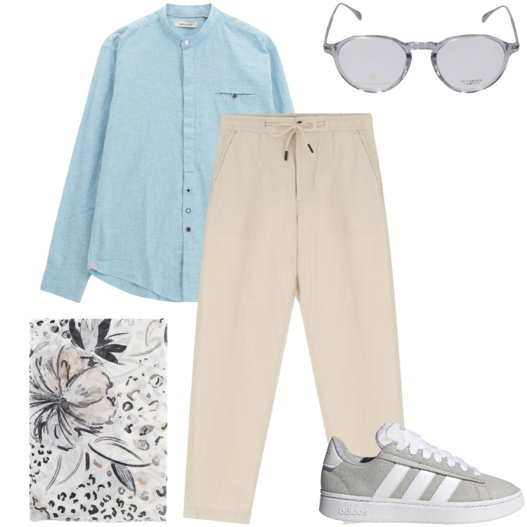 Outfit uomo - La camicia alla coreana. Stile Trendy per Ufficio. Abbinamento con pantaloni chino, camicie, sciarpe e foulard, occhiali da sole, sneakers.