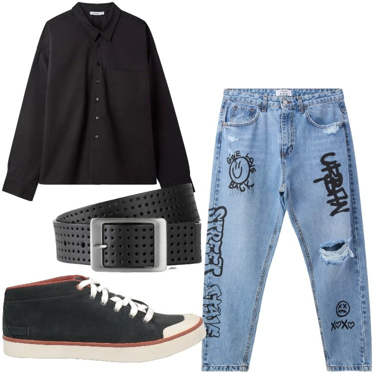 Outfit uomo - Jeans graffiti. Stile Urban per Tutti i giorni. Abbinamento con cinture, sneakers, jeans strappati, camicie.