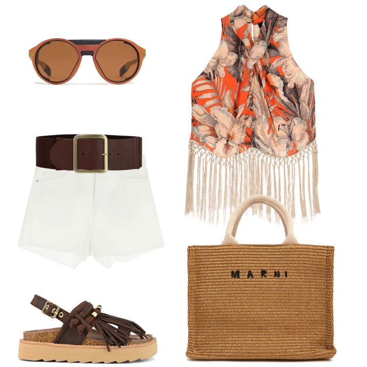 Outfit donna - Estate. Stile Casual per Tutti i giorni. Abbinamento con shorts, top, cinture, sandali, shopping bag, occhiali da sole.