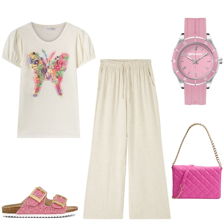 Outfit donna - T-shirt e pantaloni palazzo. Stile Casual per Tutti i giorni. Abbinamento con pantaloni, t-shirt, borse a tracolla, orologi, sandali.