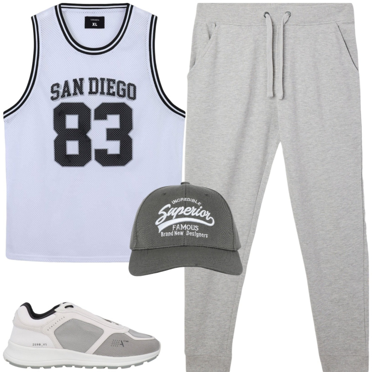 Outfit uomo - Total look #2168409. Stile Casual per Sport. Abbinamento con sneakers, t-shirt sportive, cappelli con visiera, pantaloni.