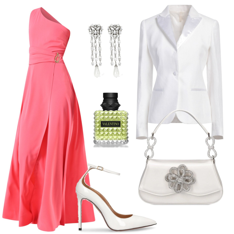 Outfit donna - Abito rosa camelia con accessori chic. Stile Bon Ton per Cerimonia. Abbinamento con blazer, vestiti asimmetrici, profumi, borse a mano, décolleté, orecchini.