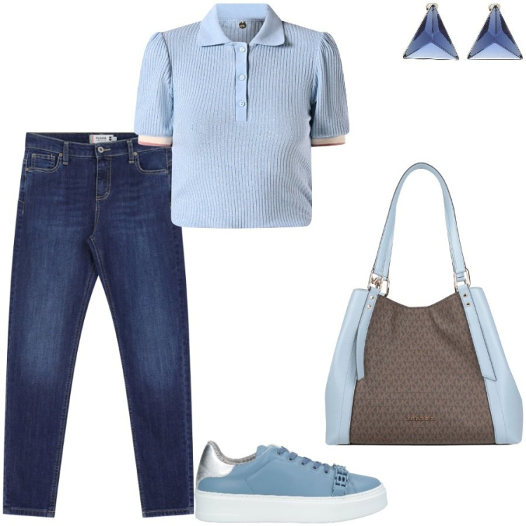 Outfit donna - In ufficio con stile. Stile Casual chic per Ufficio. Abbinamento con sneakers, orecchini, borse a mano, polo, jeans skinny.