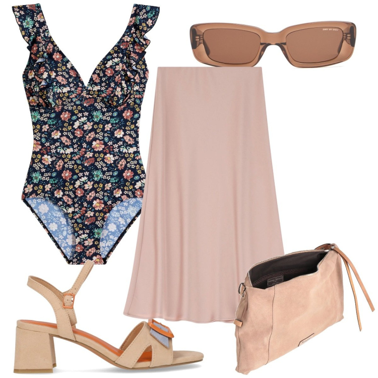 Outfit donna - Total look #2168418. Stile Romantica per Mare. Abbinamento con costumi interi, borse a tracolla, gonne longuette, sandali col tacco, occhiali da sole.