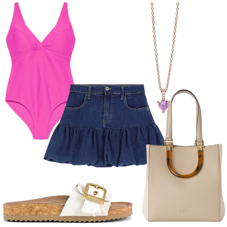 Outfit donna - Total look #2168420. Stile Trendy per Mare. Abbinamento con ciondoli, minigonne, sandali, costumi interi, shopping bag.
