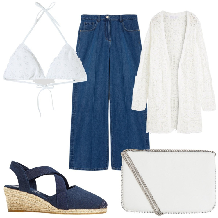 Outfit donna - Total look #2168430. Stile Boho per Mare. Abbinamento con cardigans, sandali col tacco, bikini, borse a tracolla, jeans.