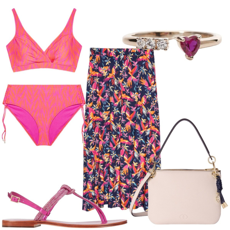 Outfit donna - Total look #2168434. Stile Trendy per Mare. Abbinamento con infradito, anelli, gonne lunghe, bikini, borse a tracolla.