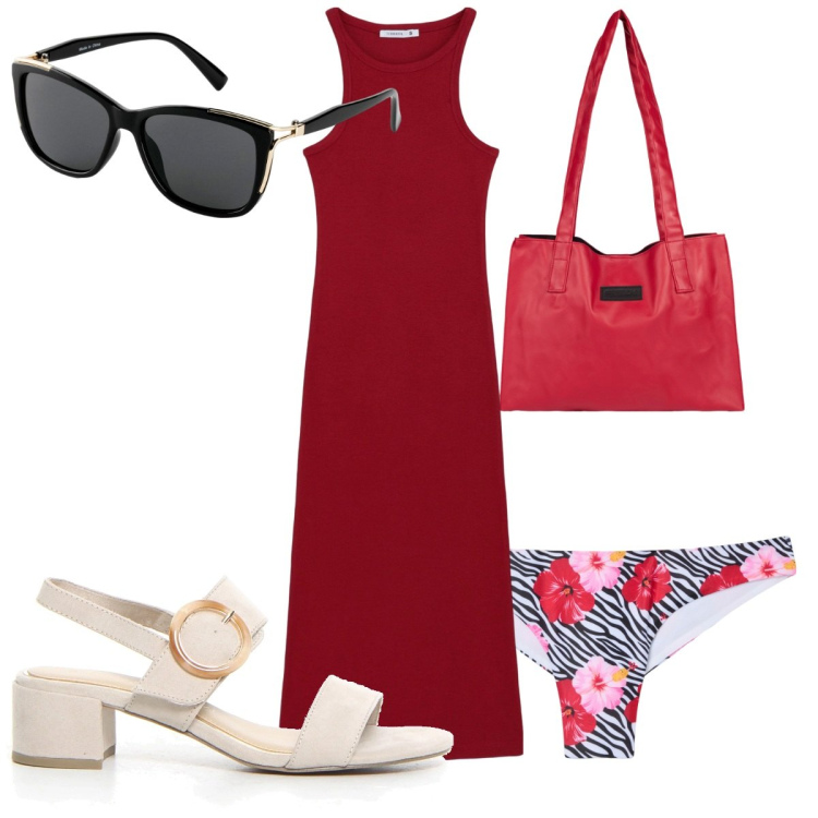 Outfit donna - Total look #2168435. Stile Trendy per Mare. Abbinamento con occhiali da sole, vestiti lunghi, bikini, shopping bag, sandali col tacco.