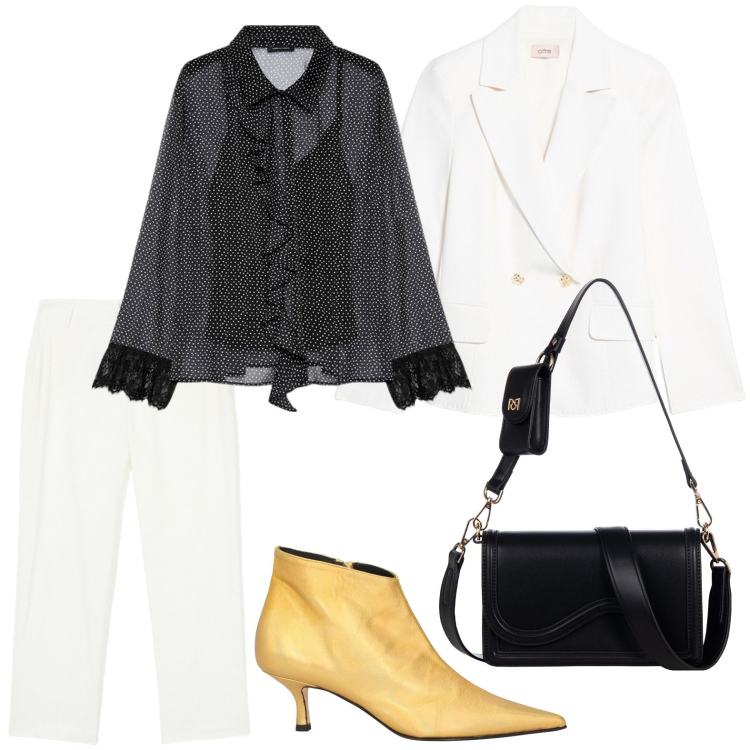 Outfit donna - Rouches strategiche e volumi romantici. Stile Minimal per Serata fuori. Abbinamento con stivaletti, pochette, camicie, blazer, pantaloni.