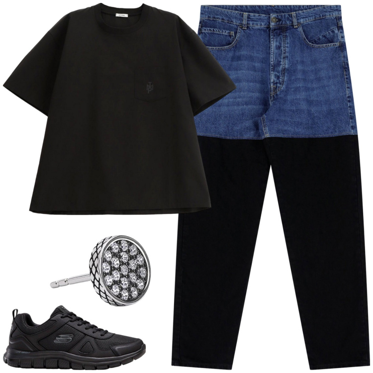 Outfit uomo - Total look #2168441. Stile Urban per Tutti i giorni. Abbinamento con sneakers, orecchini, jeans, t-shirt.