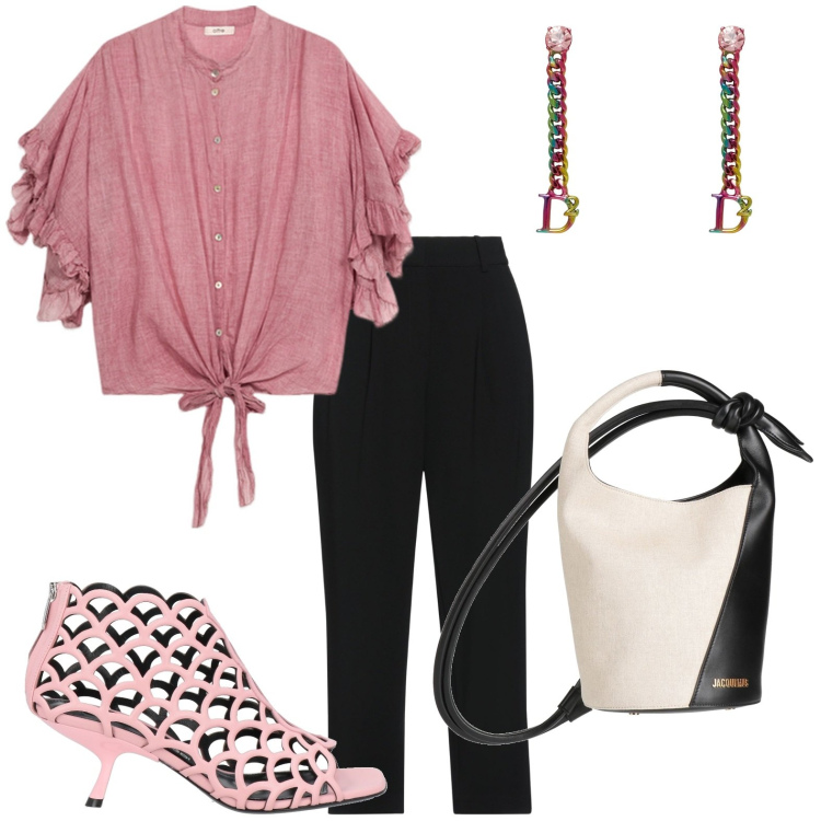 Outfit donna - Rouches strategiche e volumi romantici. Stile Minimal per Serata fuori. Abbinamento con stivaletti, pantaloni, borse a secchiello, orecchini, camicie a manica corta.