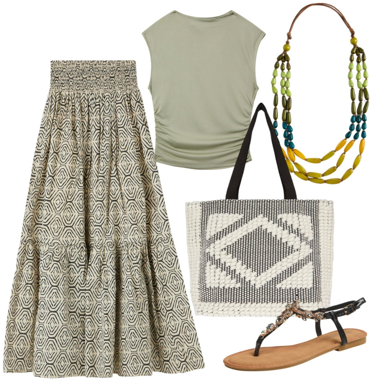 Outfit donna - Etnico e romantico. Stile Etnico per Tutti i giorni. Abbinamento con gonne lunghe, t-shirt, sandali gioiello, collane, shopping bag.