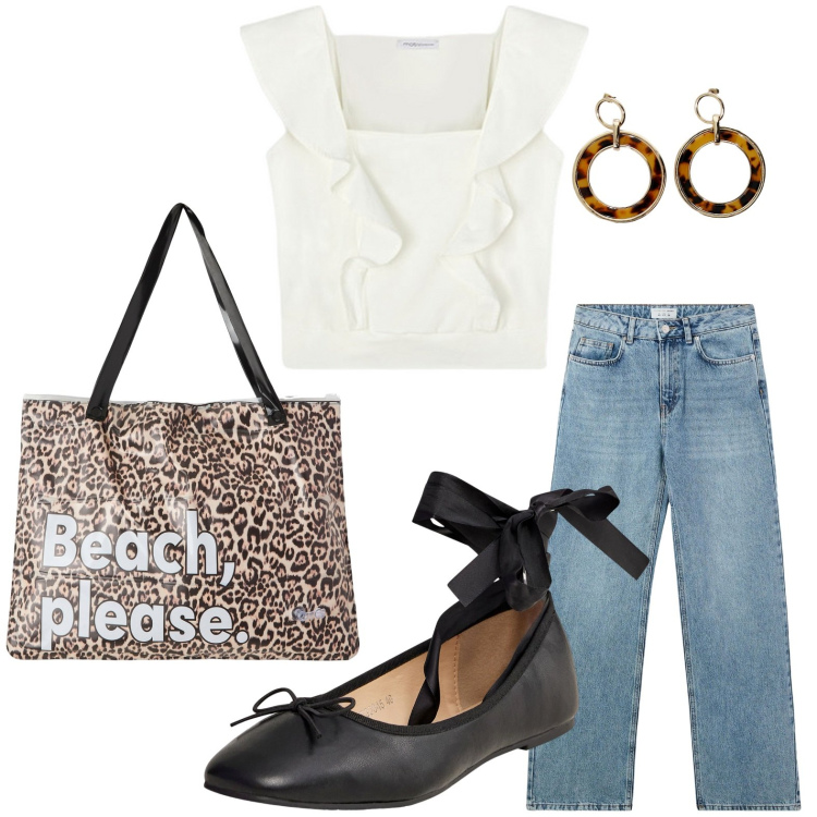 Outfit donna - Rouches strategiche e volumi romantici. Stile Minimal per Tutti i giorni. Abbinamento con borse tote, ballerine, jeans, orecchini, top.
