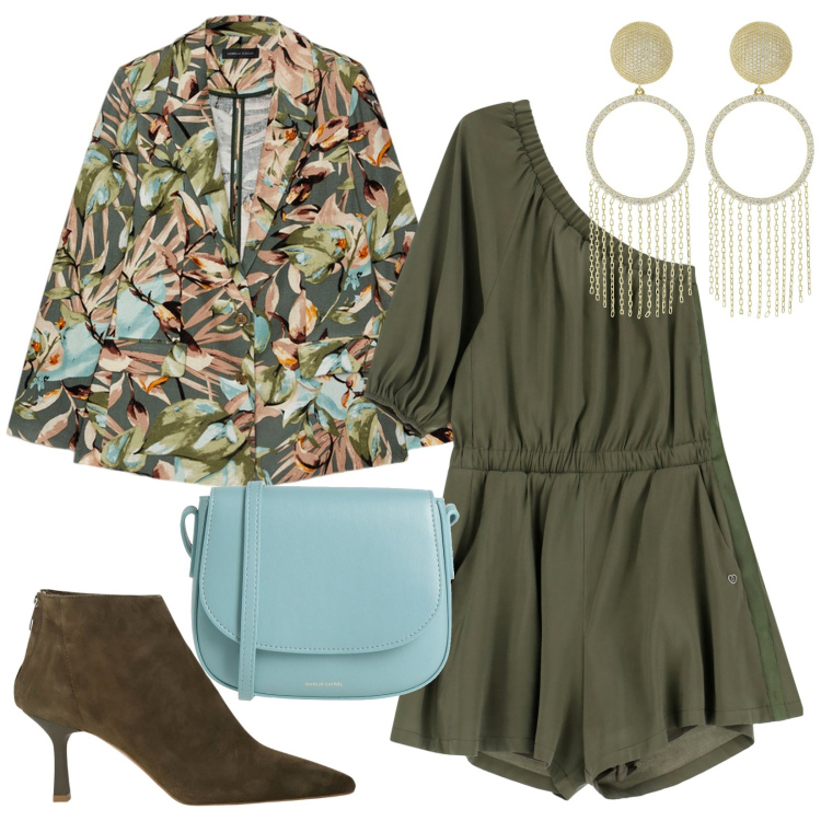Outfit donna - Monospalla. Stile Trendy per Serata fuori. Abbinamento con borse a tracolla, tute, stivaletti, blazer, orecchini.