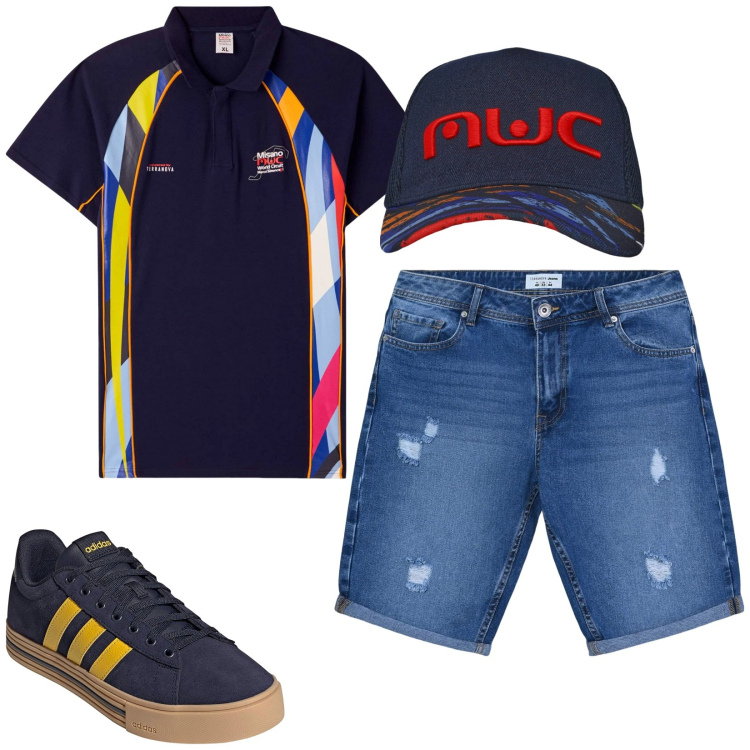 Outfit uomo - Total look #2168469. Stile Casual per Sport. Abbinamento con bermuda, cappelli, polo, sneakers.