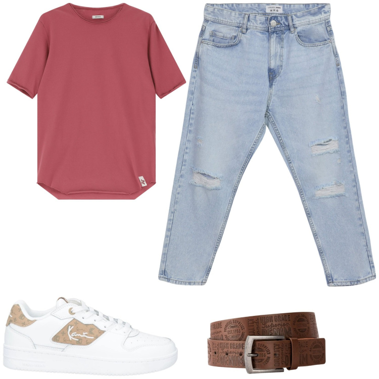 Outfit uomo - Total look #2168471. Stile Casual per Tutti i giorni. Abbinamento con cinture, sneakers, jeans strappati, t-shirt.